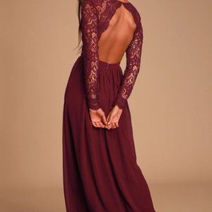 Lulu's Awaken My Love Burgundy Long Sleeve Lace Maxi Dress Size S
